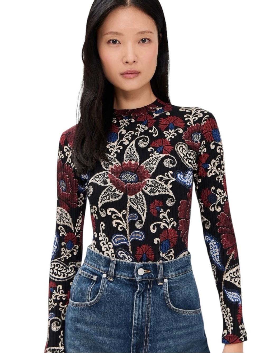 Farm Rio Jersey Floral Bodysuit Valentina Black